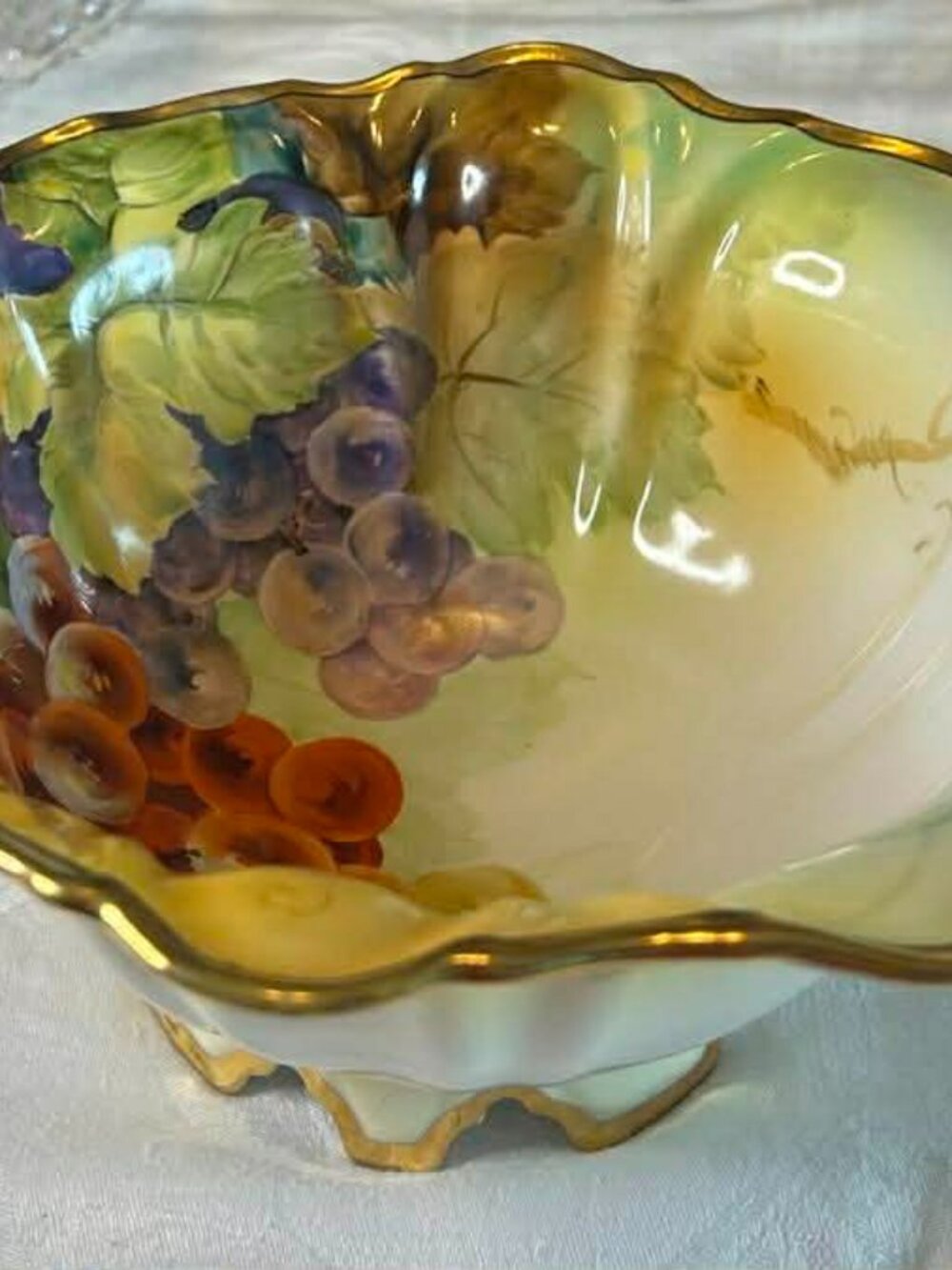 Antique Nippon Centerpiece Bowl Hand-painted w/grapes Motif Gilded Scallop Edges